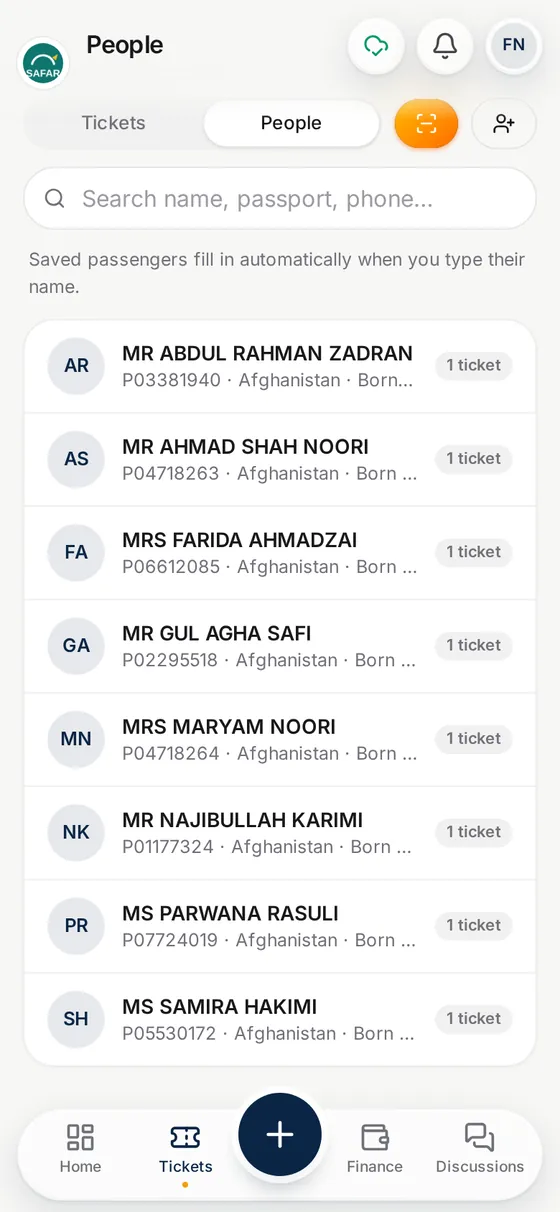 The address book of passengers, filled from passports