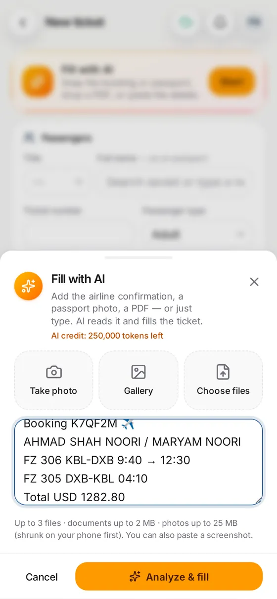 Fill with AI: snap the booking or passport, drop a PDF or paste the text
